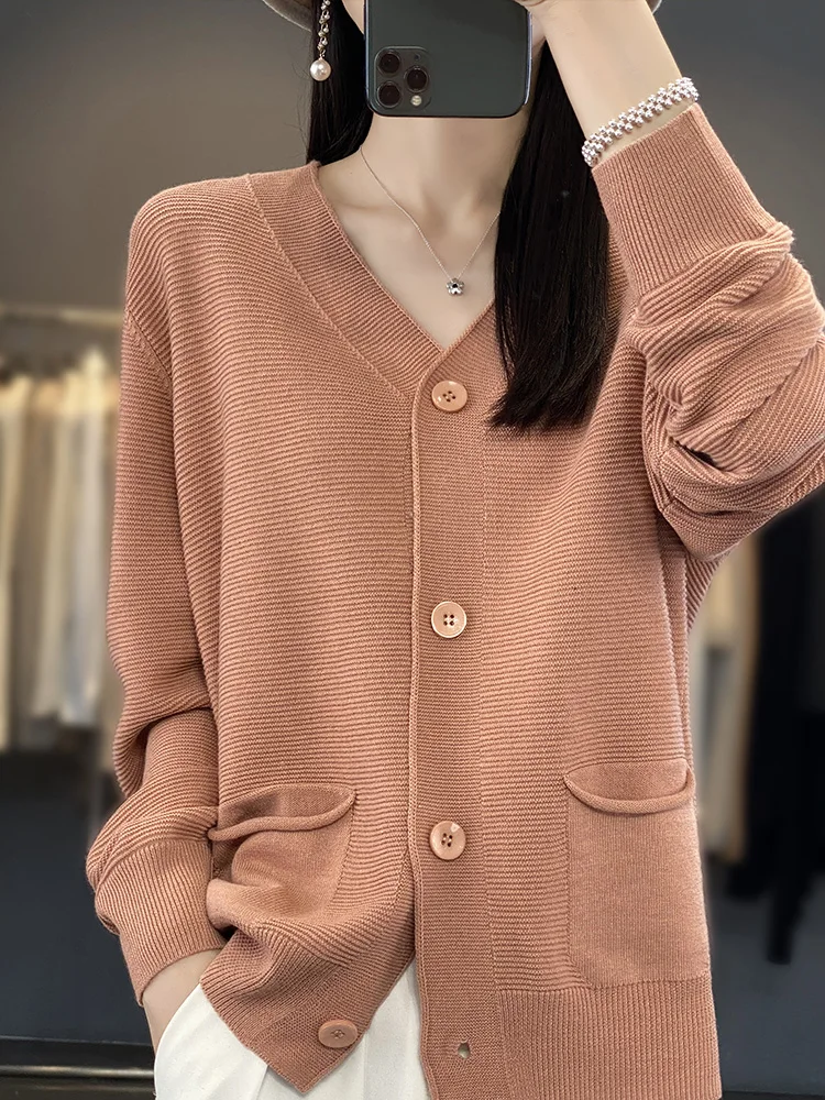 100% Cotton V-neck Cardigan Women\'s Clothing 2024 Spring/Autumn New Knit Sweater Korean Fashion Coat Soft Comfortable Top Female