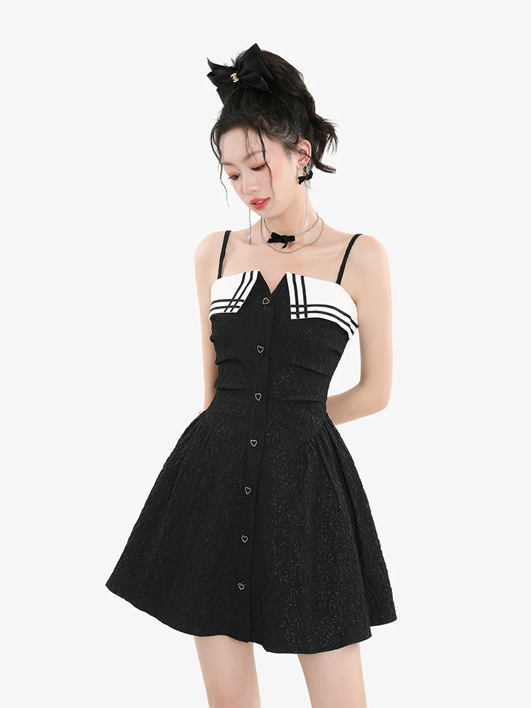 Women's DressBlack Stitching Fashionable Retro French Lapel Straps Sleeveless Short Sweet Jacquard Spring and Summer Waist-Tight