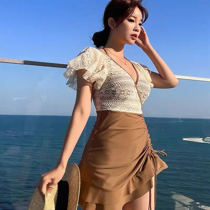 New Korean Fashion One-piece Dress Style Double Color Combination Deep V-neck Belly-covering And Slimming Swimsuit