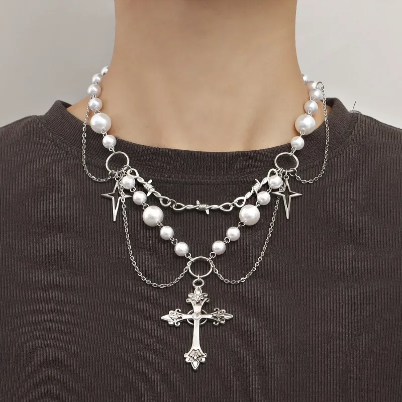 Gothic Cross Pendant Necklace Choker Charm Vintage Imitation Pearl Beaded Necklace Sweater Chain European and American Jewelry