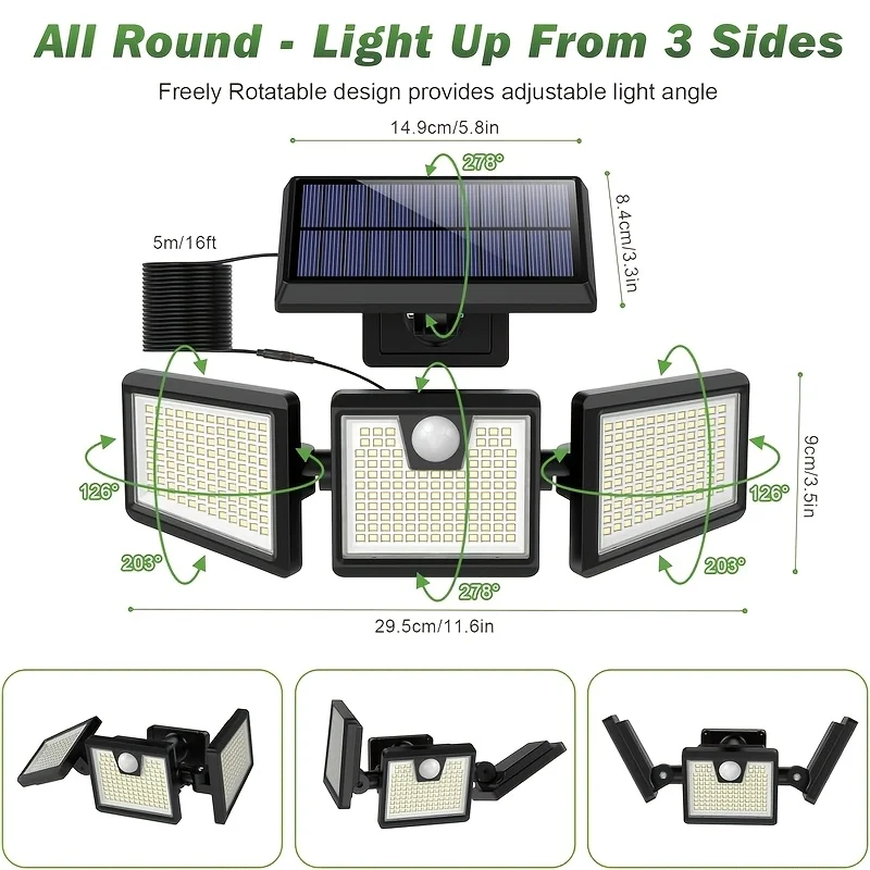 

341 LED 3500LM Solar Lights for Outdoor Use with Motion Sensor [3 Head-Free Rotating] Solar Light Outdoor, 270° Lighting Angle,