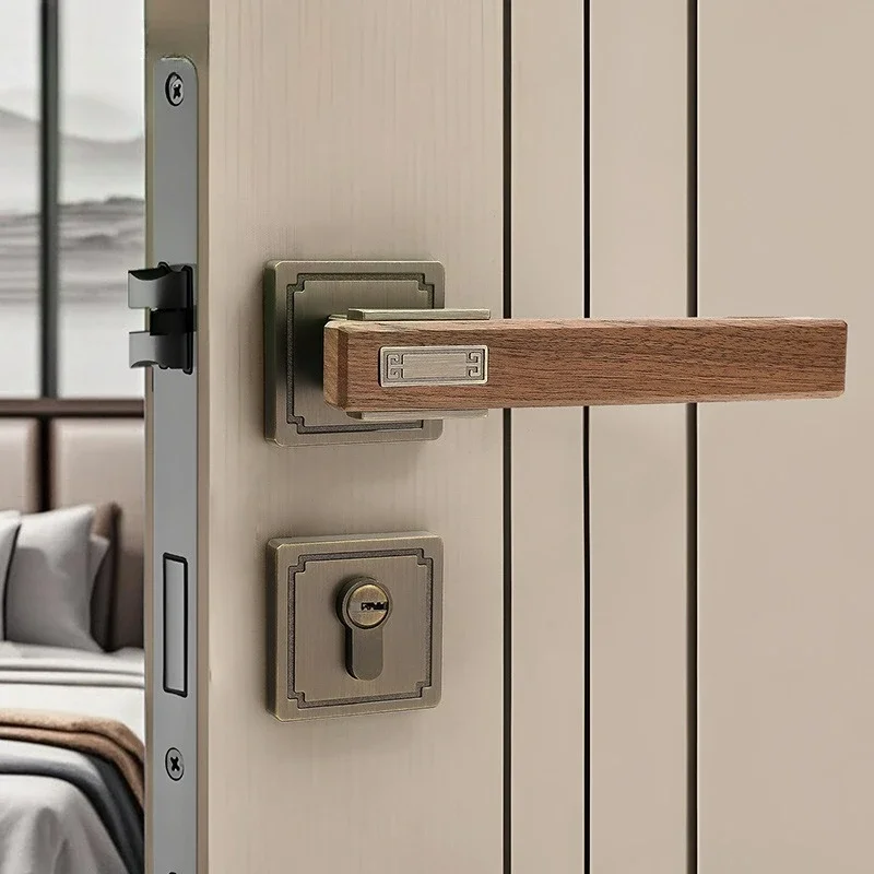 Chinese Style Indoor Household Bedroom Door Lock Magnetic/silent Split Walnut Wood Door Handle Lock