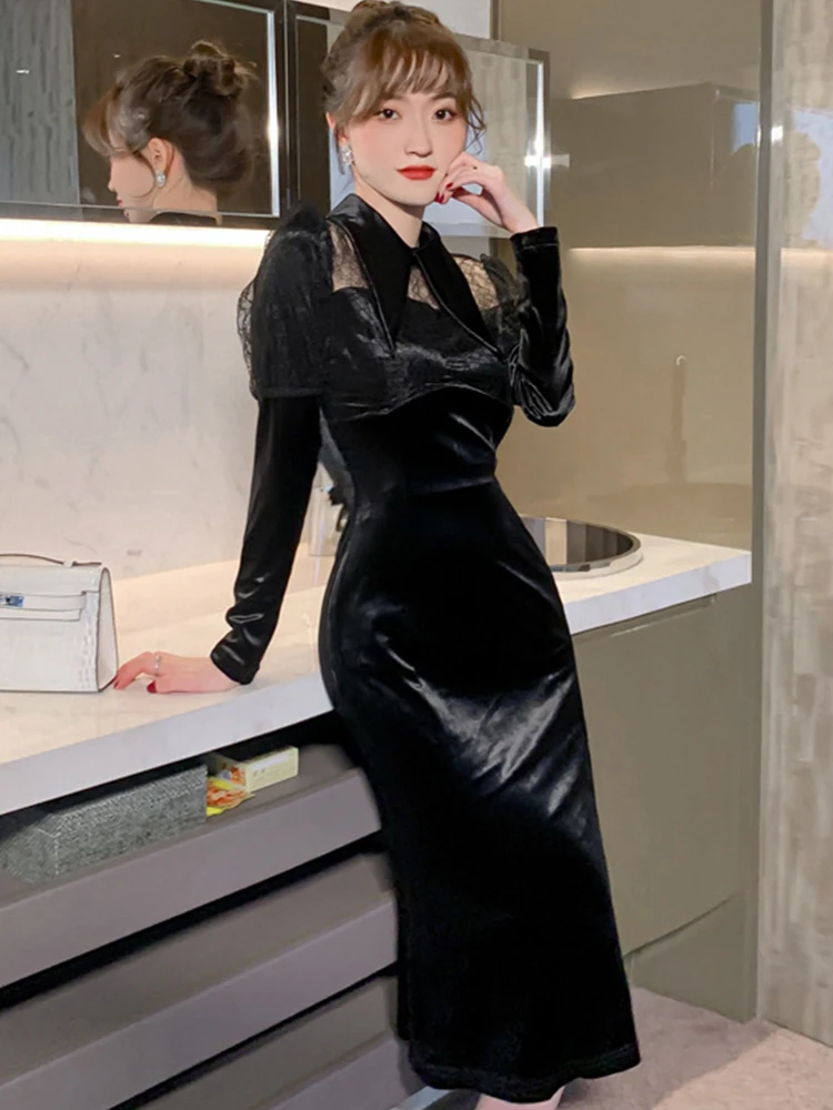 Spring Retro Elegant Midi Dress Women 2023 Black Velvet Sheer Perspective Lace Long Sleeve Slim Robe Femme Party Office Vestidos