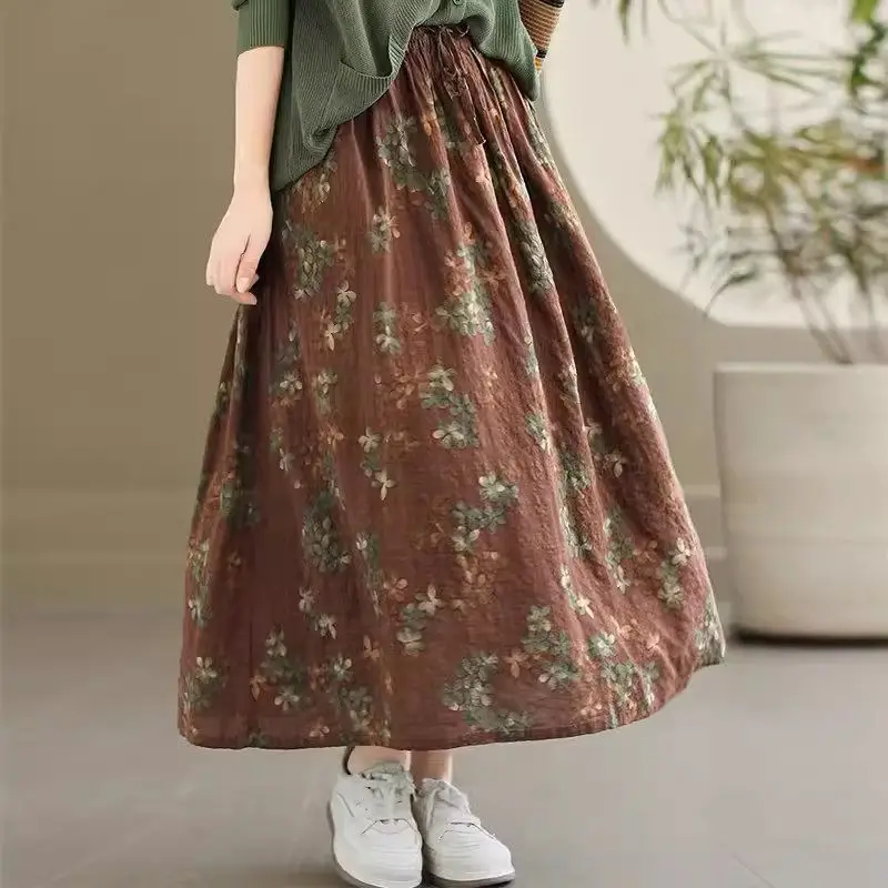 

2024 Summer New Art Cotton Linen Skirt Elastic Waist Retro Mid Length Inner Lining Women's Floral Skirt Mujer Faldas K745