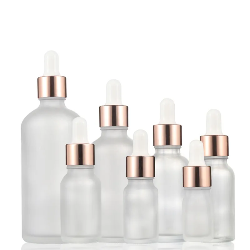 5 10 15 20 30 50 100 Frost Glass Dropper Bottle Rose Gold Ring Empty Cosmetic Packaging Container Vials Essential Oil Bottles