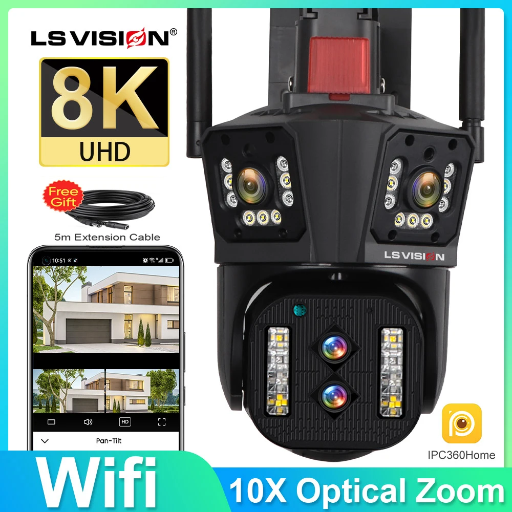 LS VISION 8K Outdoor Wireless Wifi Security Camera 10X Optical Zoom Auto Tracking 6K PTZ 4 Lens 3 Screens IP CCTV Cam Waterproof