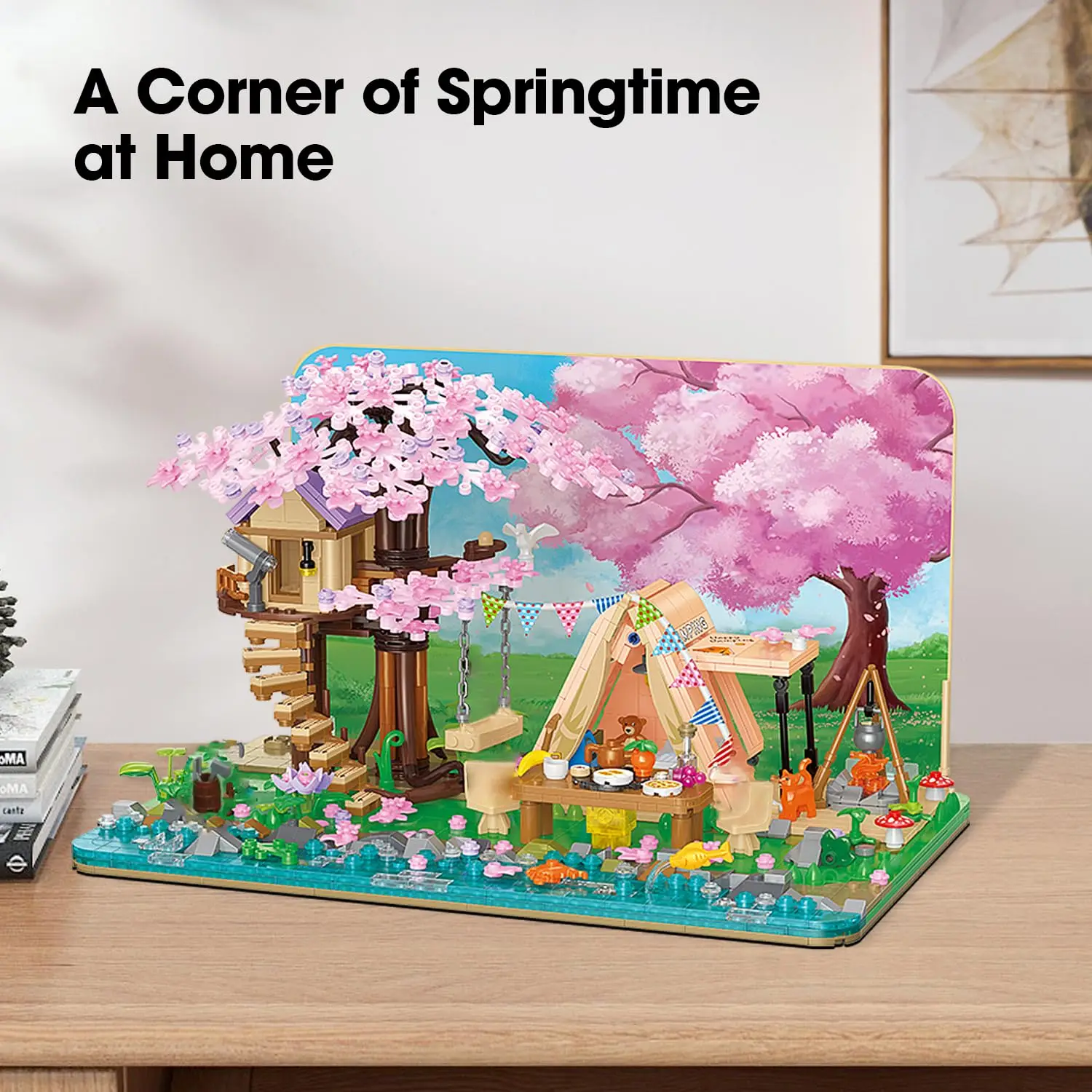 1265 Stück Kirschblüte Baumhaus Bausteine Sakura Baumhaus Camping Zelt Modell Ziegel mit leichten Kinder DIY Spielzeug Geschenke gesetzt