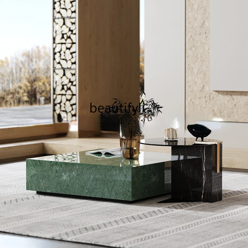 

LBX Natural Marble Tea Table Imported Indian Green Brushed Black Steel Modern Living Room Square Tea Table