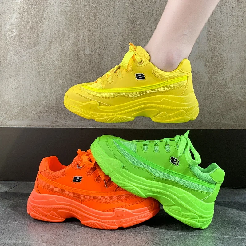 Fashion Soft Casual Thick Sneaker Platform Summer Breathable Mesh Women\'s Shoes Flat Casual Yellow Sports Shoes Female Orange