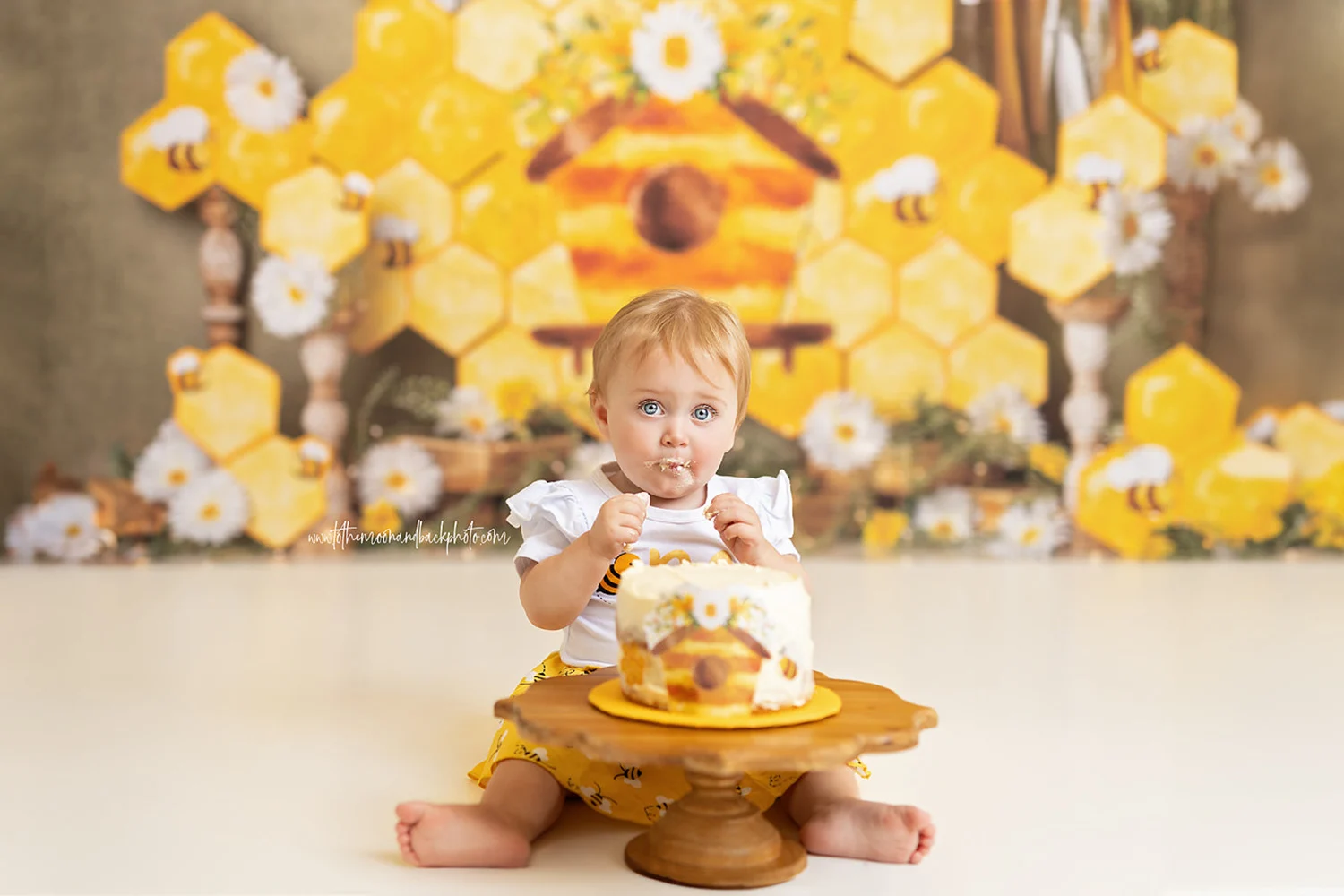 Api prosperano Tema Baby Kids Torta di compleanno Smash Fotografia Bambino Photocall Giardino Sfondi fotografici floreali