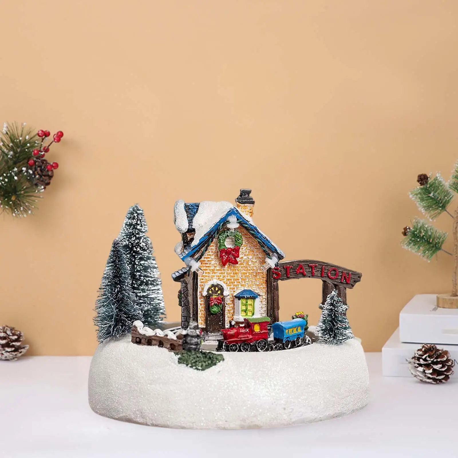 LED Party Scene Village House LED Lights Rotating Landscape Collectible for Home Desktop Festival Room Decor Gift