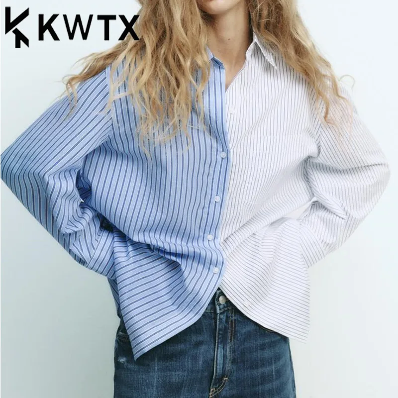 

KWTX 2025 Spring Summer Women's Single Button Striped Patchwork Shirt Casual Long Sleeve Blouse Trendy Office Top Business Chic