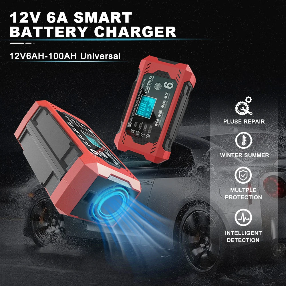 Cargador de batería de coche inteligente de alta potencia 12V/6A para motocicleta SUV camión reparación de pulso inteligente carga de batería multifuncional