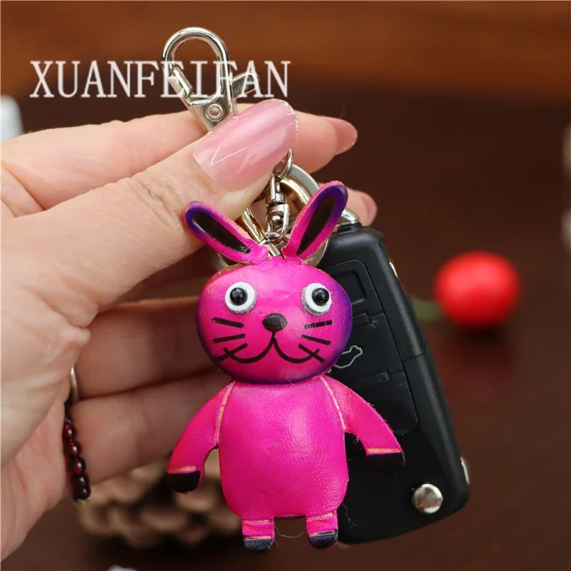 First Layer Of Cowhide Leather Bunny Charm Car Keychain Cute Bag Charm Accessory Gift