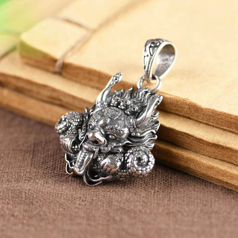 

Винтажное ожерелье с подвеской в виде головы дракона, стерлинговое серебро S925, мифические украшения в виде короля дракона