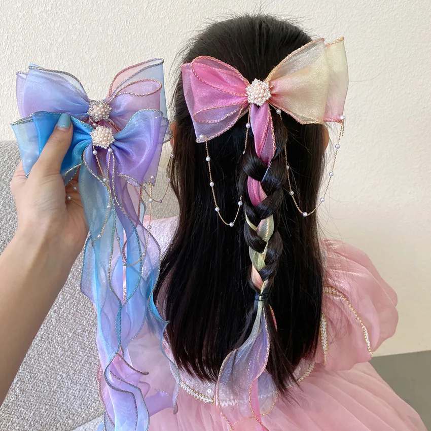 Colorful Chiffon Bow Ribbon Hair Clips Children Sweet Hairpins Girls Princess Bow Tassel Clips Summer Fashion Hair Accessories