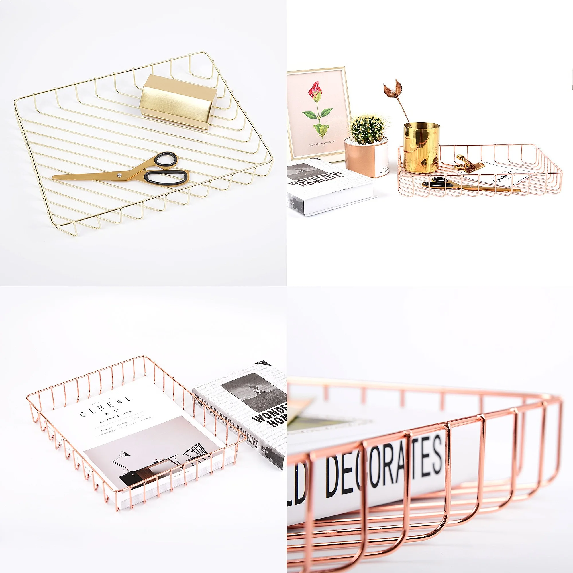 Multipurpose Nordic Danish Gold Wire Storage Basket A4 File Organizer Desktop Fruit Basket