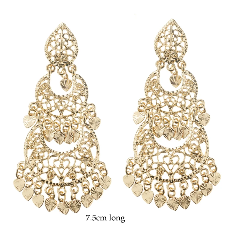 Arabesque Gold Plated Dangle Earrings with Heart Shape Tassels for Women Luxury Wedding Bridal Drop Earring Set