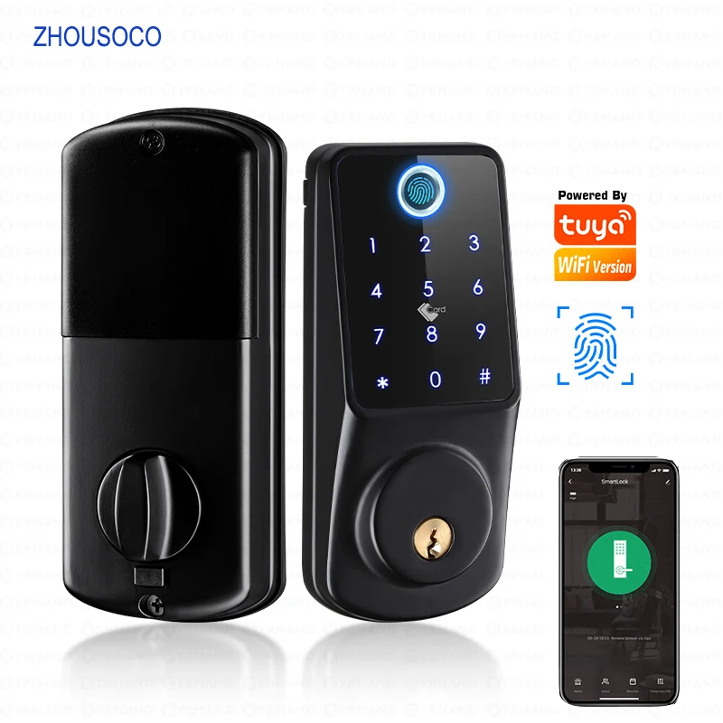 Tuya Wifi APP Smart Door Lock Fingerprint Biometric Digital Password Card Code Keyless Entry Electronic Lock for Home Apartment