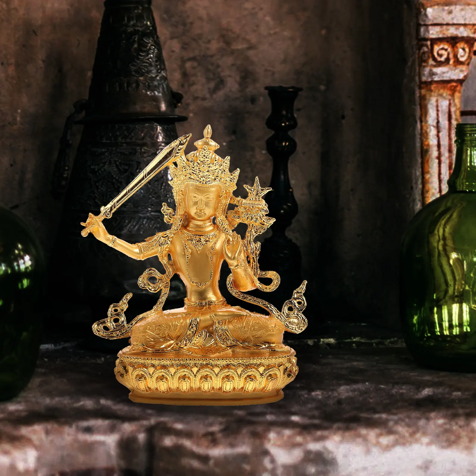 Creative Gilded Manjushri Buddha Statue Alloy Desktop Decor Meditation Buddhism Ornament Office Home Blessing Charm
