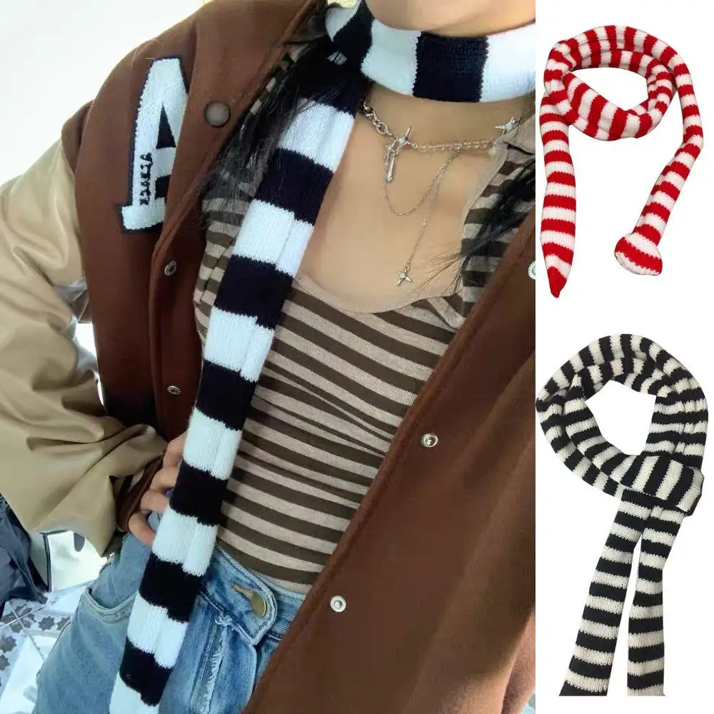 

Y2K черный, белый, красный полосатый шарф Harajuku вязаный тонкий узкий женский шарф в полоску узкий шарф четыре сезона маленькие шарфы