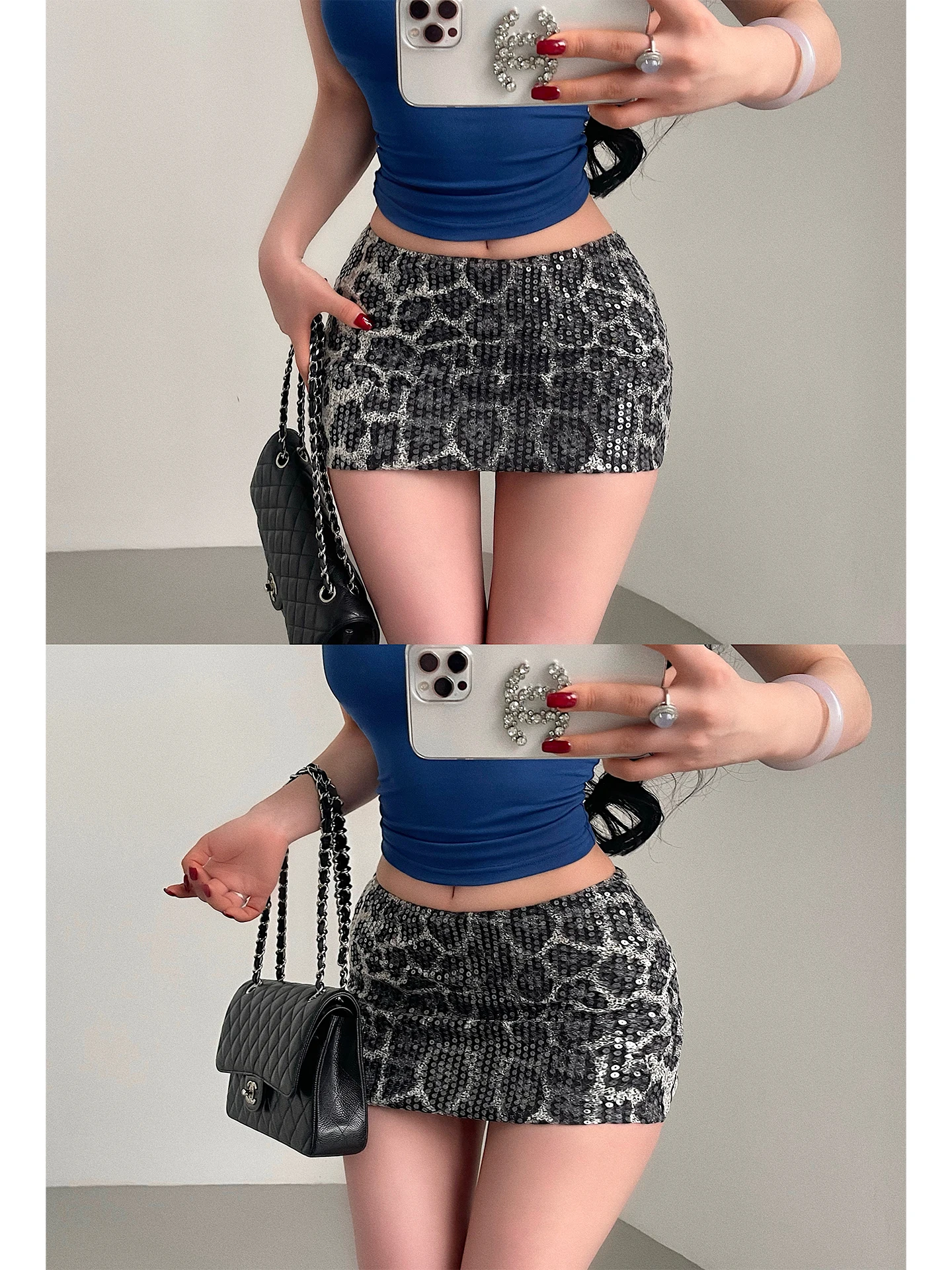 Sexy Sparkling Low Waist  Skirt with Bustle Anti Exposure Short Skirt for Young Girls in Daily Life Glittering Leopard Print