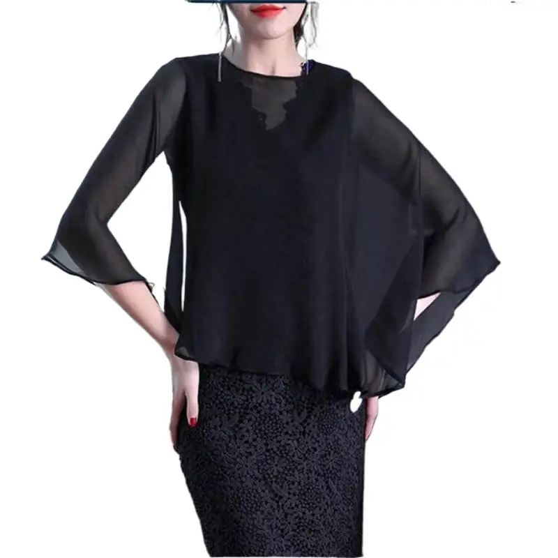 

Women' Elegant Vintage Chiffon Blouses Woman Loose Short Front And Long Back Shawl Smock Tops Female Blouse