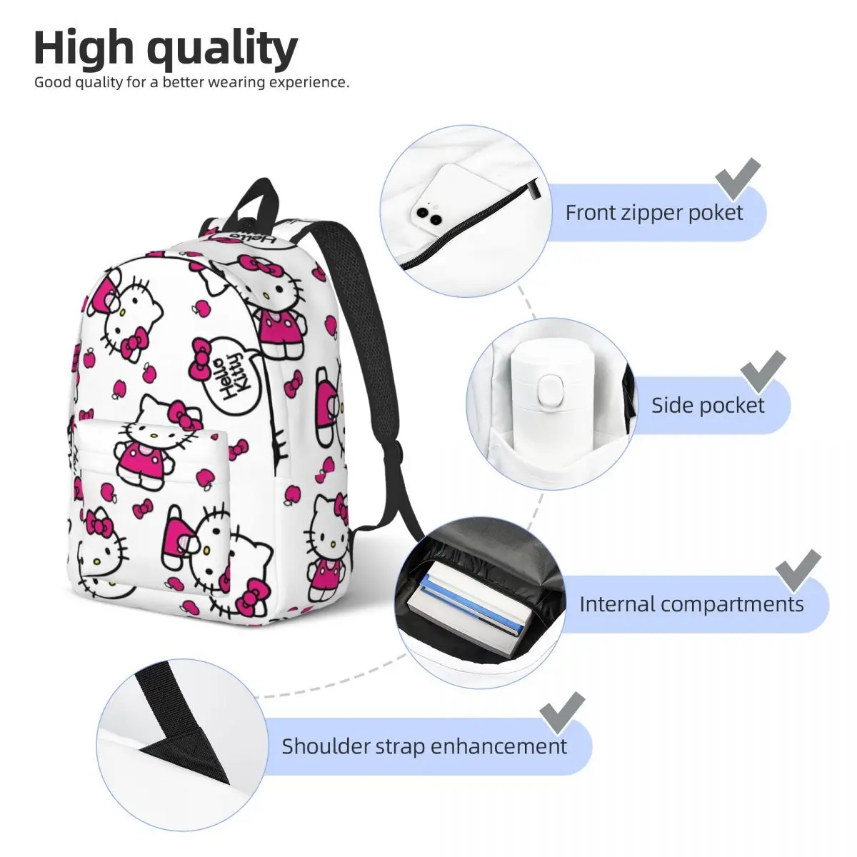 Hello Kitty Cute Cartoon Pattern for Men Women Student School Bookbag Canvas Daypack Middle High College Gift