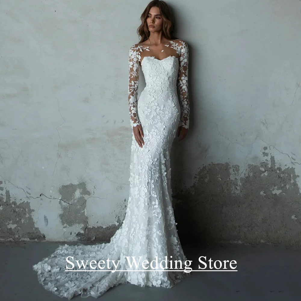 Abiti da sposa a sirena in pizzo per donna Maniche lunghe personalizzate Scollo rotondo Sweep Train Bottoni con cerniera posteriore Abito da sposa