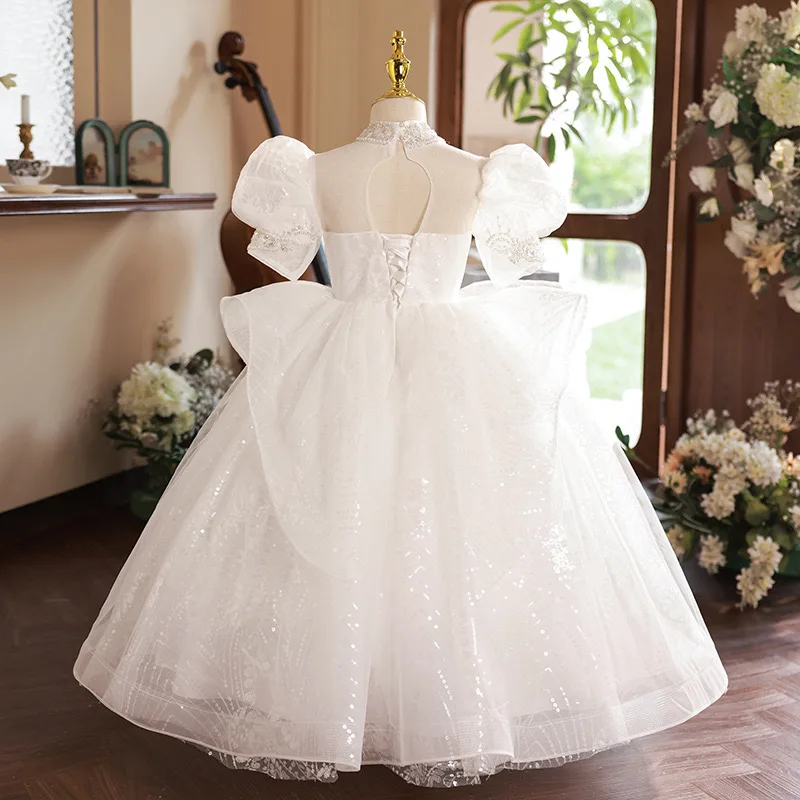 Girl Wedding Dress White Tulle Birthday Ceremony Pearls Lace Girls Party Dress 3 To 14 Years Flower Girl Dresses For Wedding