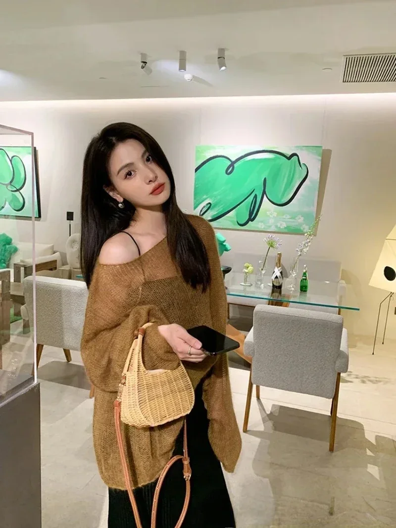 Women Hollow Knit Pullover Solid Color Mohair Sweater Loose Oversized Sexy Off Shoulder See Through Harajuku Long Sleeve Sweater