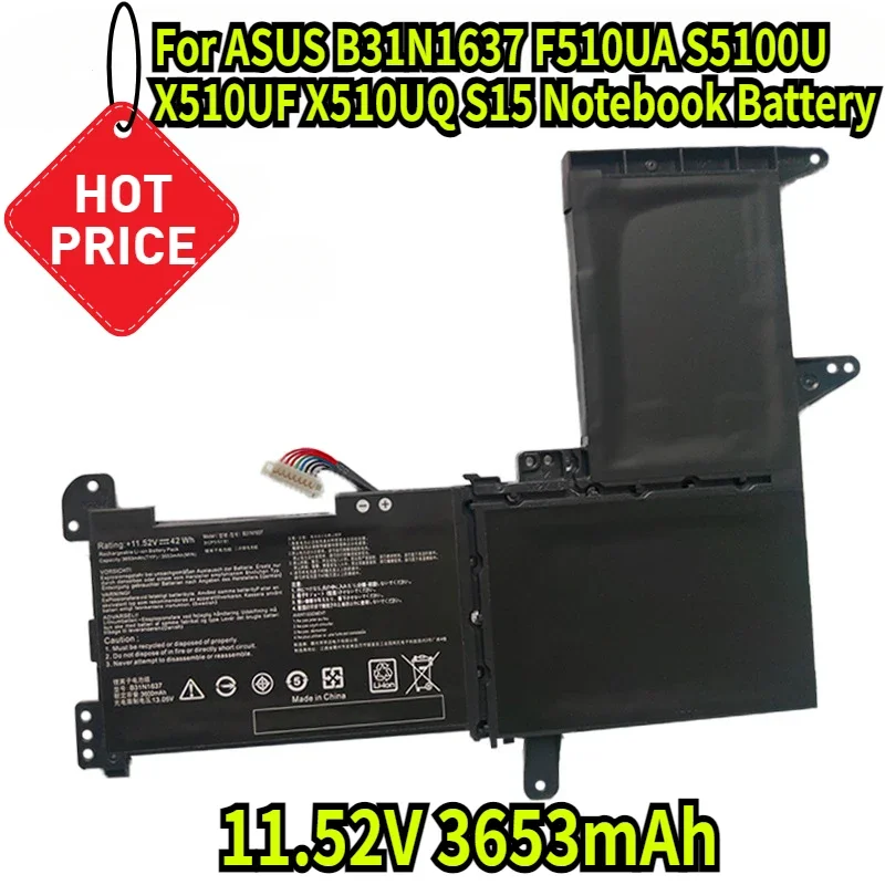 

11.52V 3653mAh Suitable For ASUS B31N1637 F510UA S5100U X510UF X510UQ S15 Notebook Battery