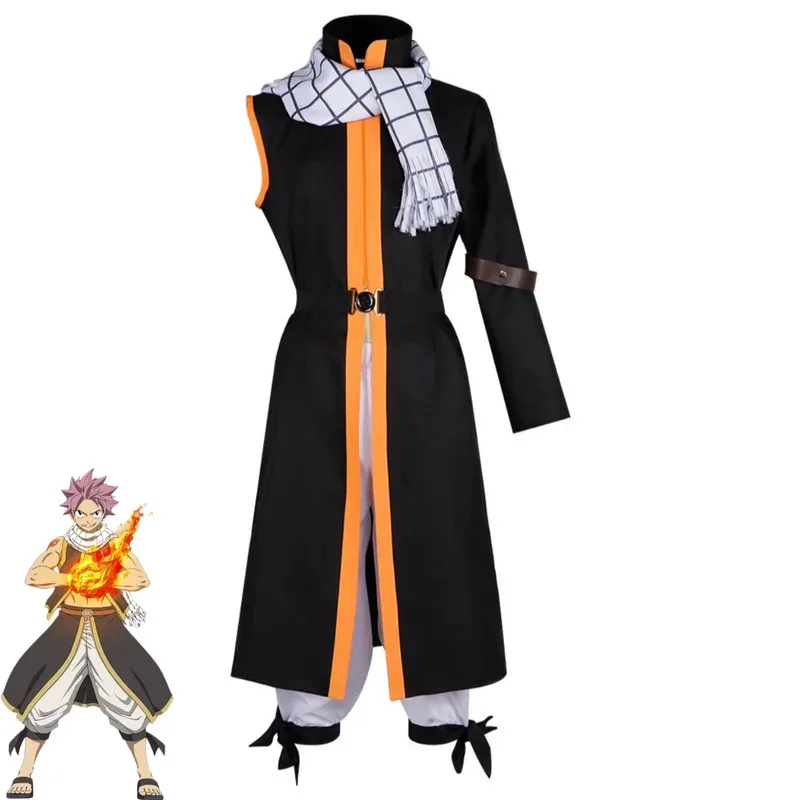 Anime FAIRY TAIL Etherious Natsu Dragneel Cosplay disfraz Slayers abrigo negro bata bufanda pantalones peluca hombre mujer traje de Halloween 5ftu ^