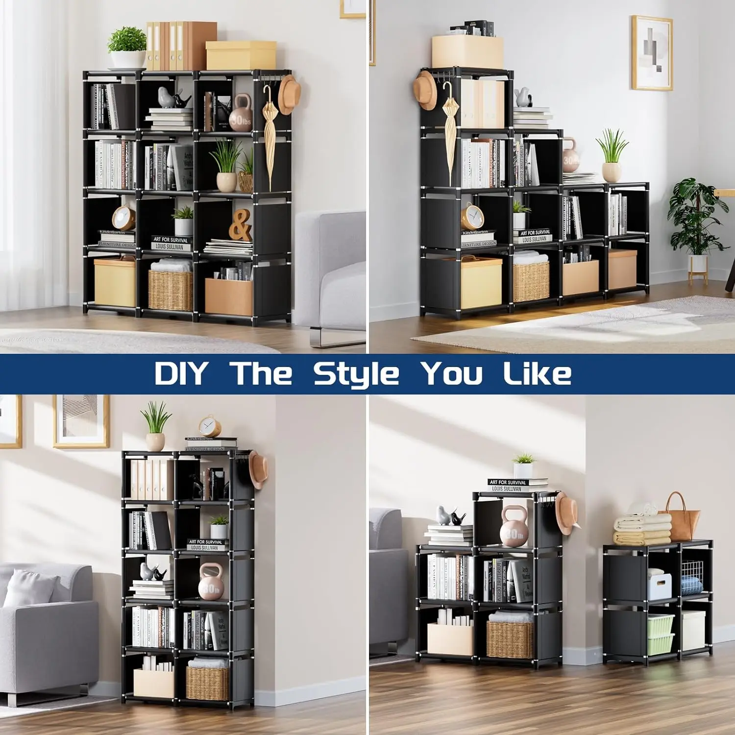 Book Shelf, 12 Cube Storage Organizer Metal Bookshelf,Tall Book case for Bedroom, Living Room,Office,Closet , Black Cubicle Rack