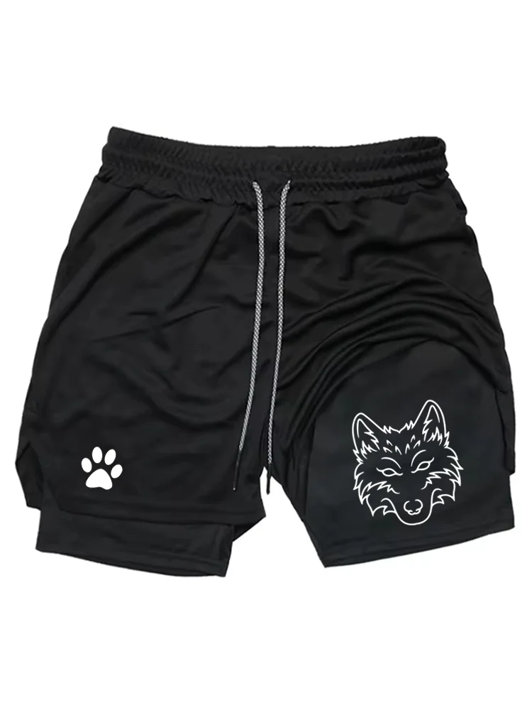 Men's Cool Wolf Graphic 2-in-1 Shorts, Quick Dry Double Layer Athletic Gym Training Workout Streetwear Shorts WX071