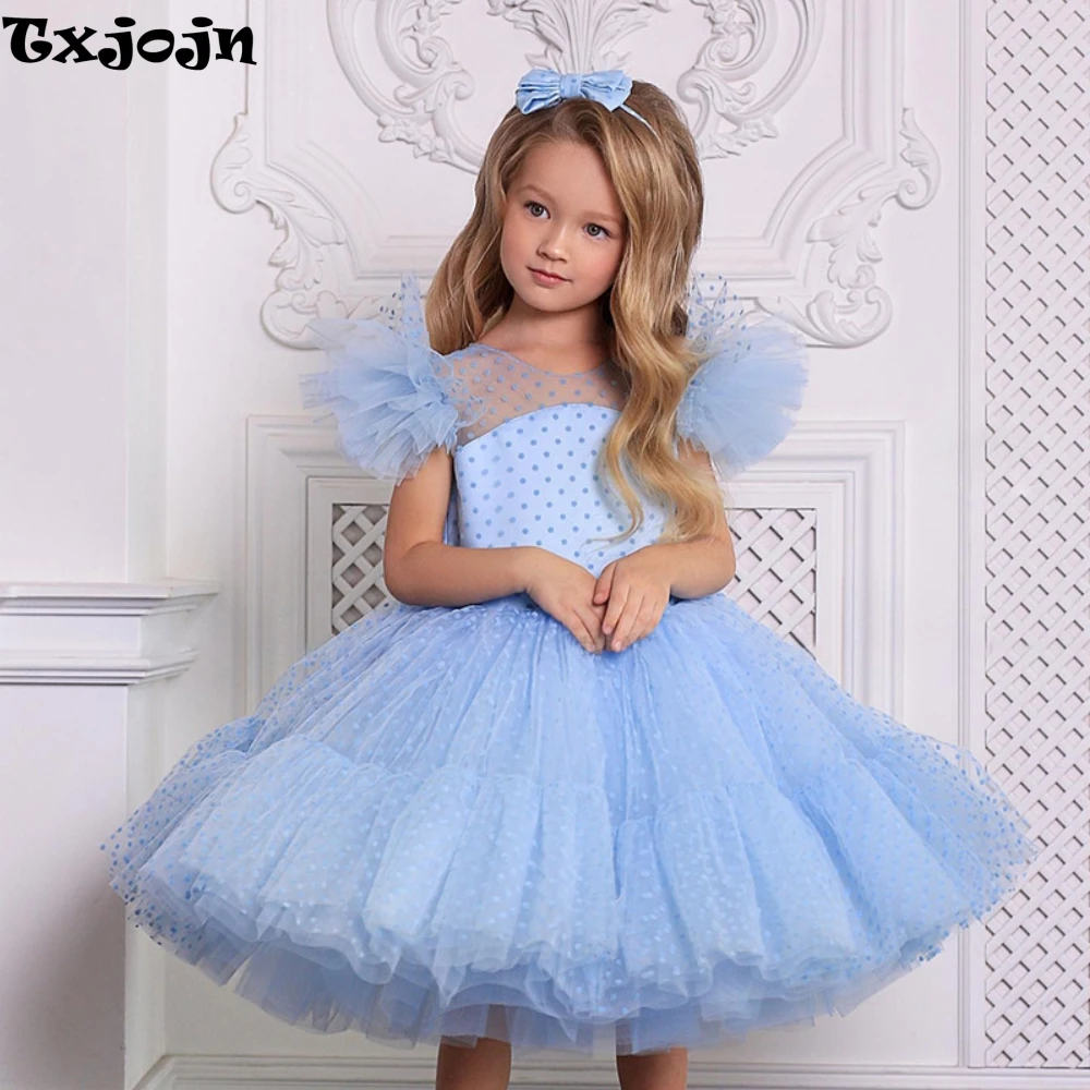 

Sweet Polka dot lace Princess Gown For Kids Birthday Party Elegant O neck Sleeveless Wedding Flower Girls Dresses Customized