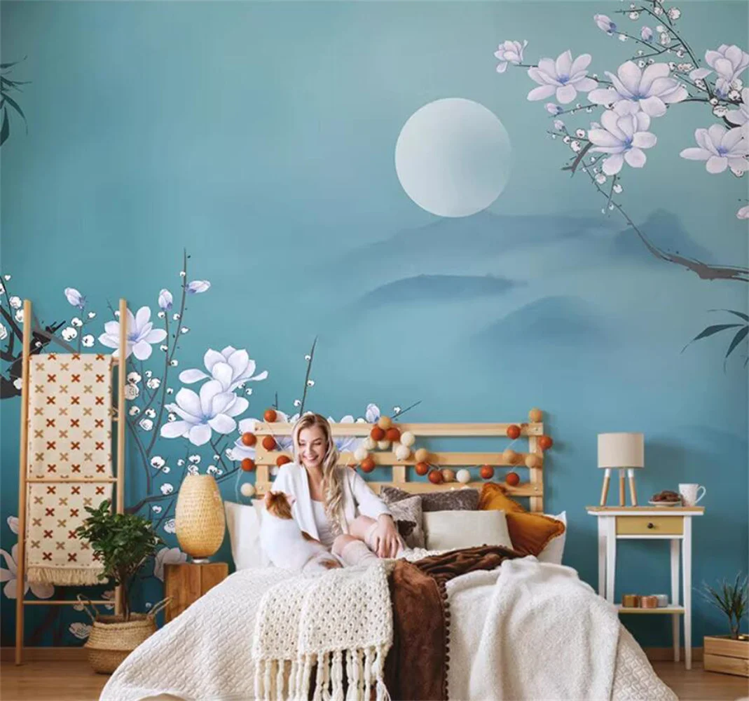 New Chinese style countryside flower moon wallpaper living room 3D plum blossom TV background wall custom mural non-woven