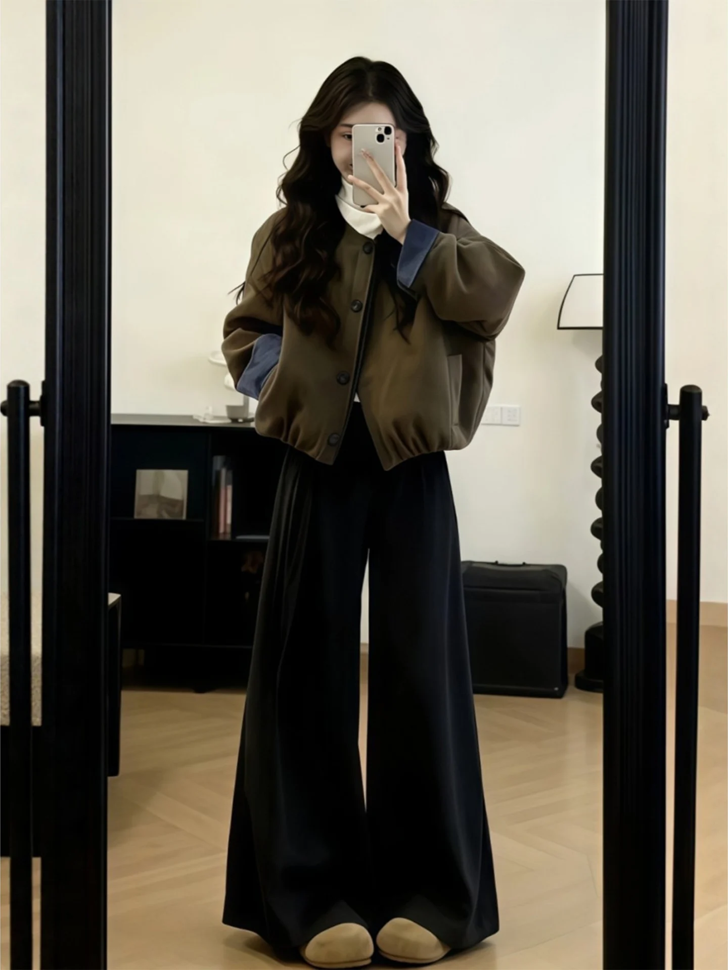 Retro Korean Style Short Casual Jacket Women's Autumn Winter Small Size Super Cute Color Block Outerwear Top round Neck Long ...