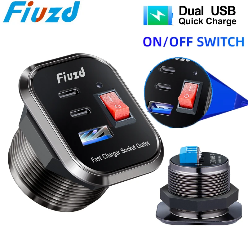PD QC3.0 Quick Phone Charger Socket Dual USB Ports with LED Switch Power Adapter For Huawei IPhone Samsung