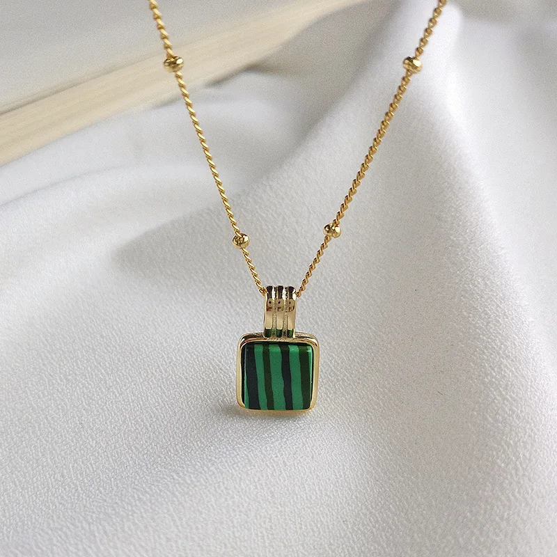 S925 Silver Malachite Necklace Green Natural Gem Choker Pendant Vintage Dinner Jewelry Jojo Bizarre A