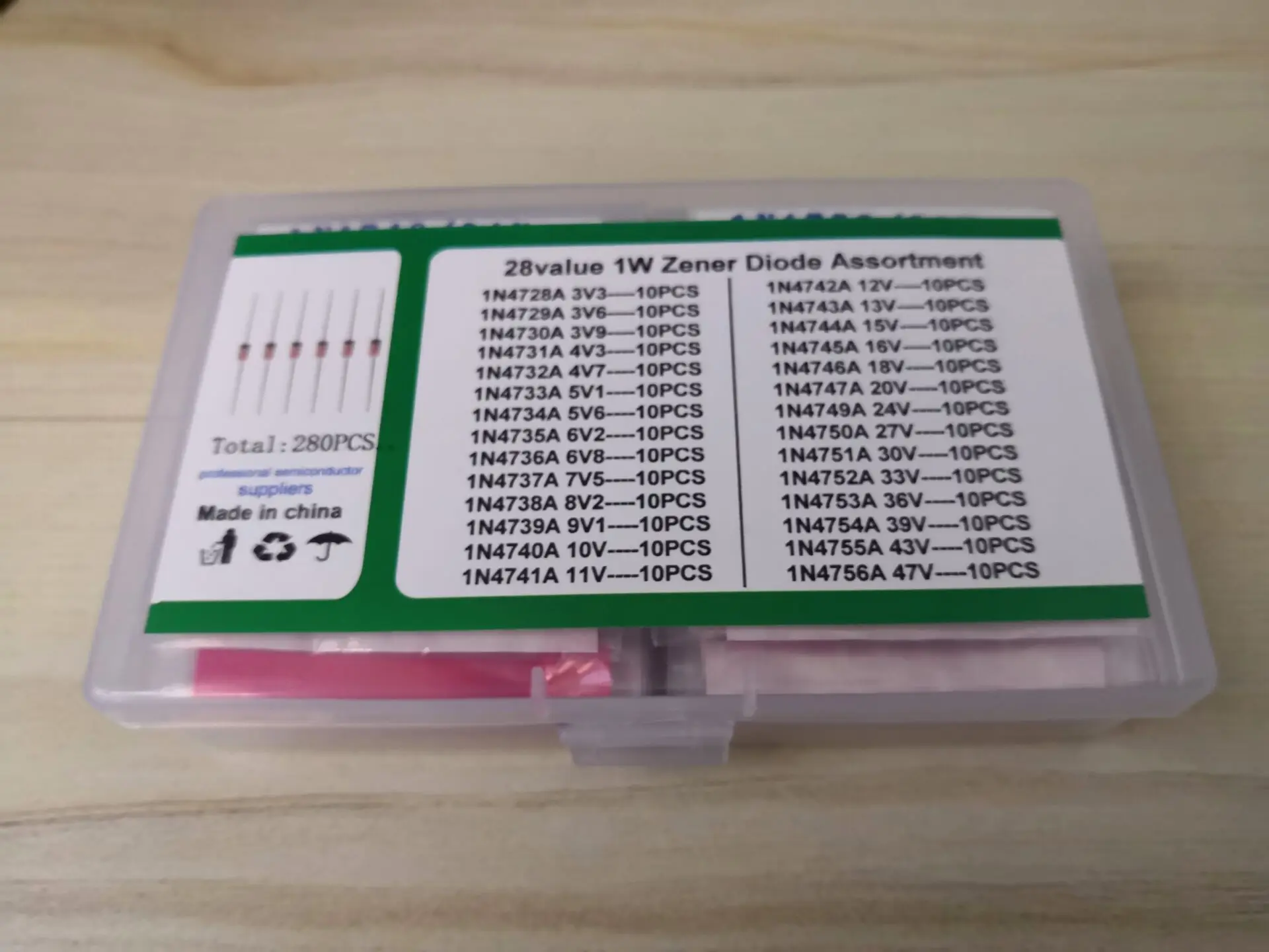 1Box 280PCS=28Value*10pcs Zener Didoe Kit 1W 3.3V To 47V (3.6/3.9/4.3/4.7/5.1/5.6/6.2/6.8/7.5/8.2/9.1/10/11/12/13/15/16/18/20/..