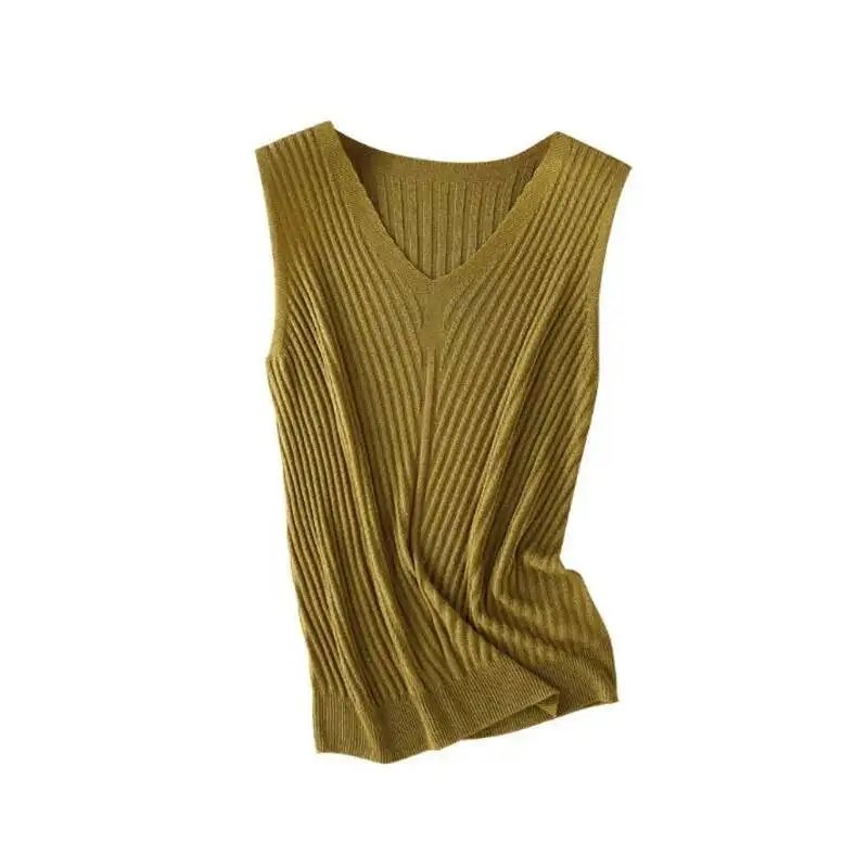 Women Summer Sleeveless Knit Top,V-neck Thread 45% Silk 55% Lyocell Soft Pullover