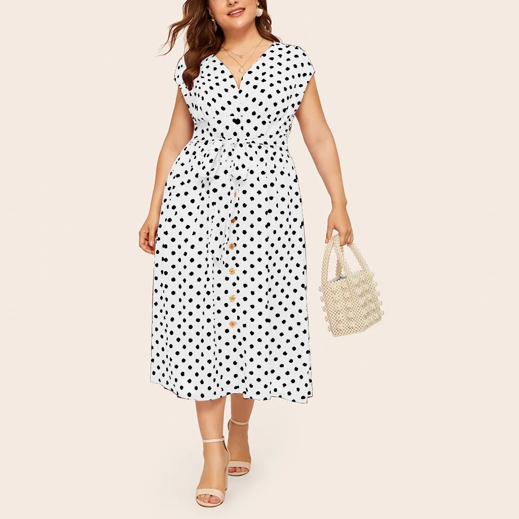 eDressU 2022 Spring Summer Women Plus Size Vintage Polka Dot Dress Mid-Calf V Neck Buttons Belt Casual Daily Wear KYM-801