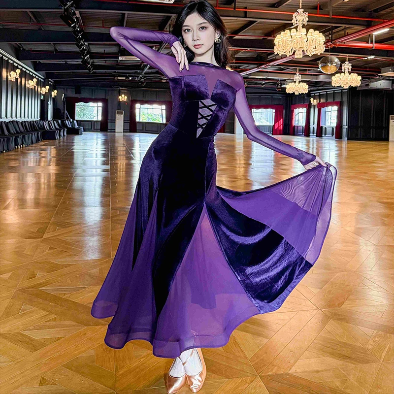 Nuevo vestido de baile de salón para mujer, vestidos sexis de terciopelo con espalda descubierta y manga larga, ropa de actuación de danza moderna para graduación y vals para adultos XH1851