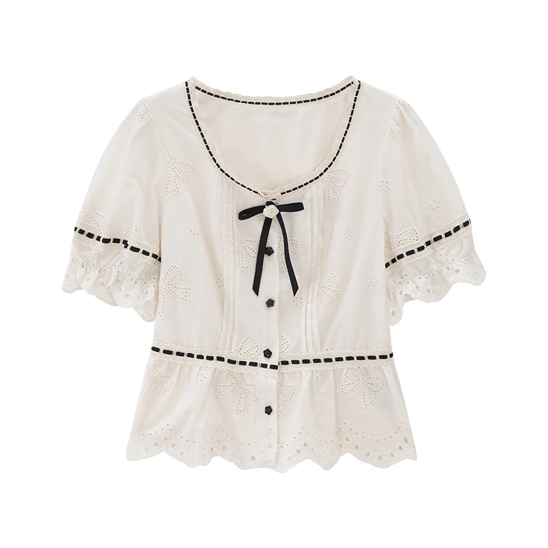 ALXNAN Damen-Hemd, weißer Spitzenkragen, Spitze, hohles Design, Hemden, 2025, Sommer, lässig, lockere Passform, Kurzarm-Tops, Damen, L56238