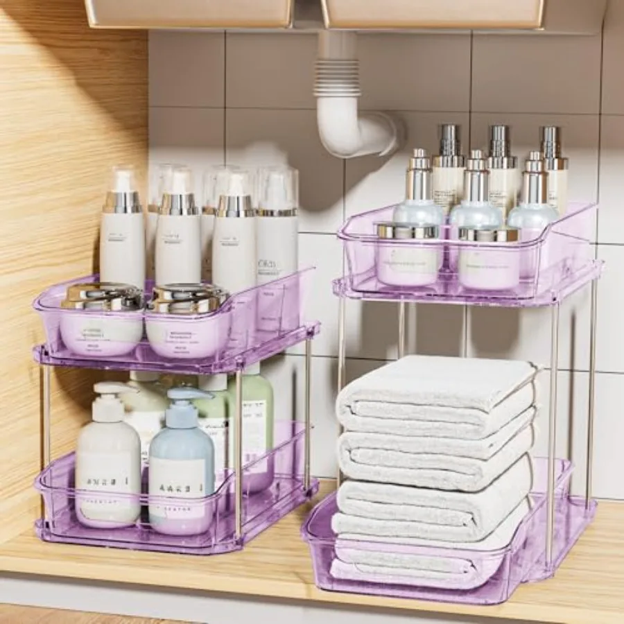 

2-Tier Under Sink Organizers and Storage, Multi-Purpose Stackable Bathroom Cabinet organizers, Pull Out Kitchen Pantry Organiza