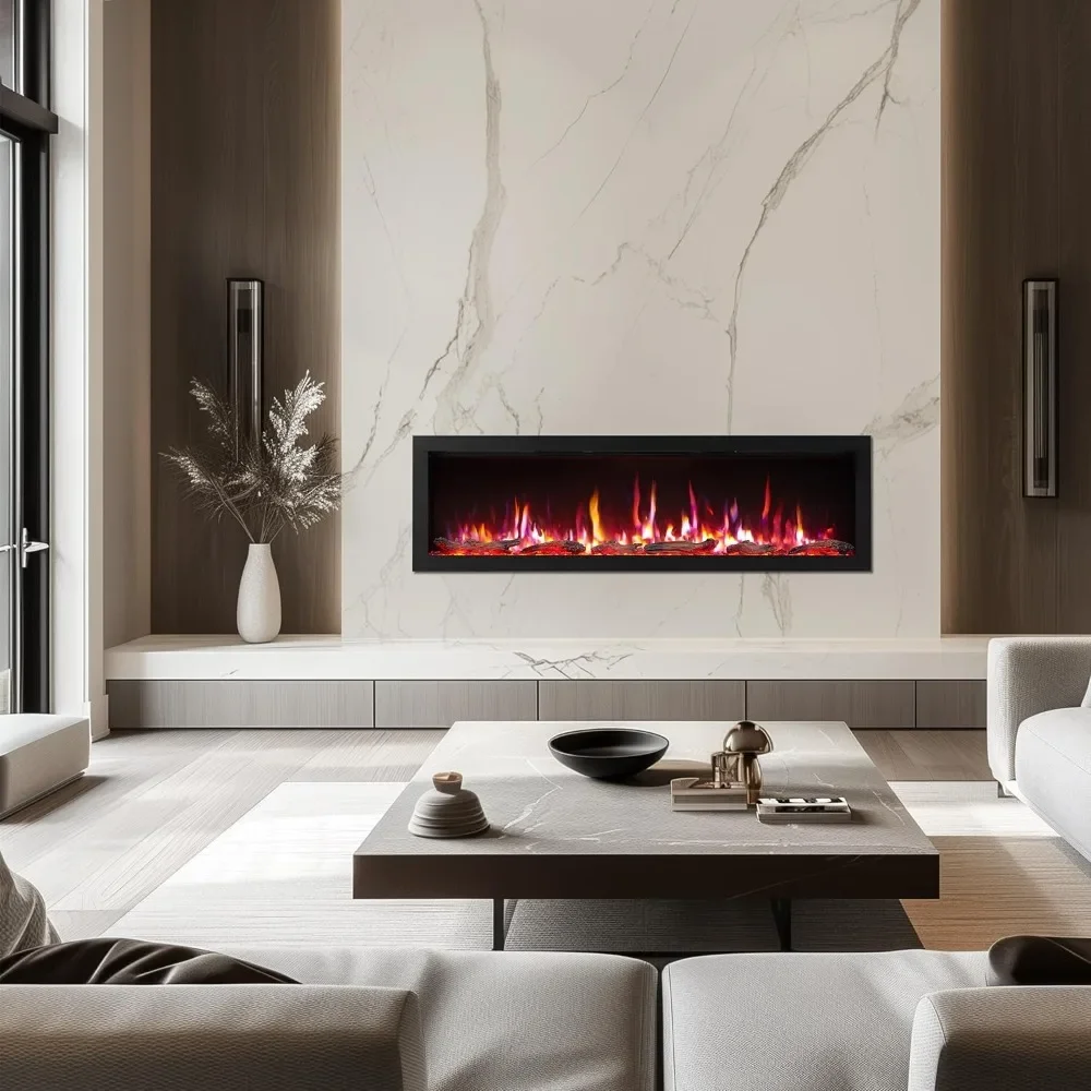 60 Inch Smart Linear Electric Fireplace - Clean Hidden Vent Design, Flame with 9 Colors, Recessed in-Wall or Wall-Mount