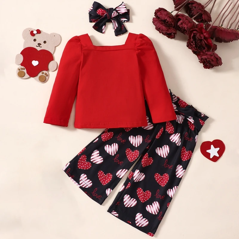 Spring Children Clothes Set Red Tops+Heart Print Trouser+Headband Infant Toddler Kids Casual Cozy Outfits Girls Valentine Wear