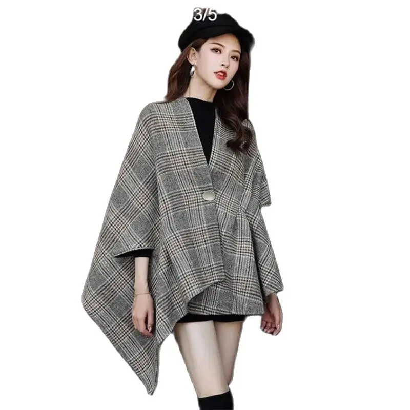 

Fashion Design Grid Woolen Coat Ladies Shawl Outerwear 2024 New Spring Autumn Winter Loose Thin Korean Casual Jacket Tops Female