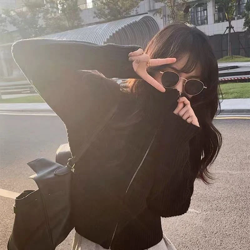 Solid Vintage ถักเสื้อสเวตเตอร์ถักผู้หญิงซิปหลวมสบายๆลมขี้เกียจฤดูใบไม้ร่วงฤดูหนาวเสื้อกันหนาวเกาหลีแขนยาวเสื้อใหม่